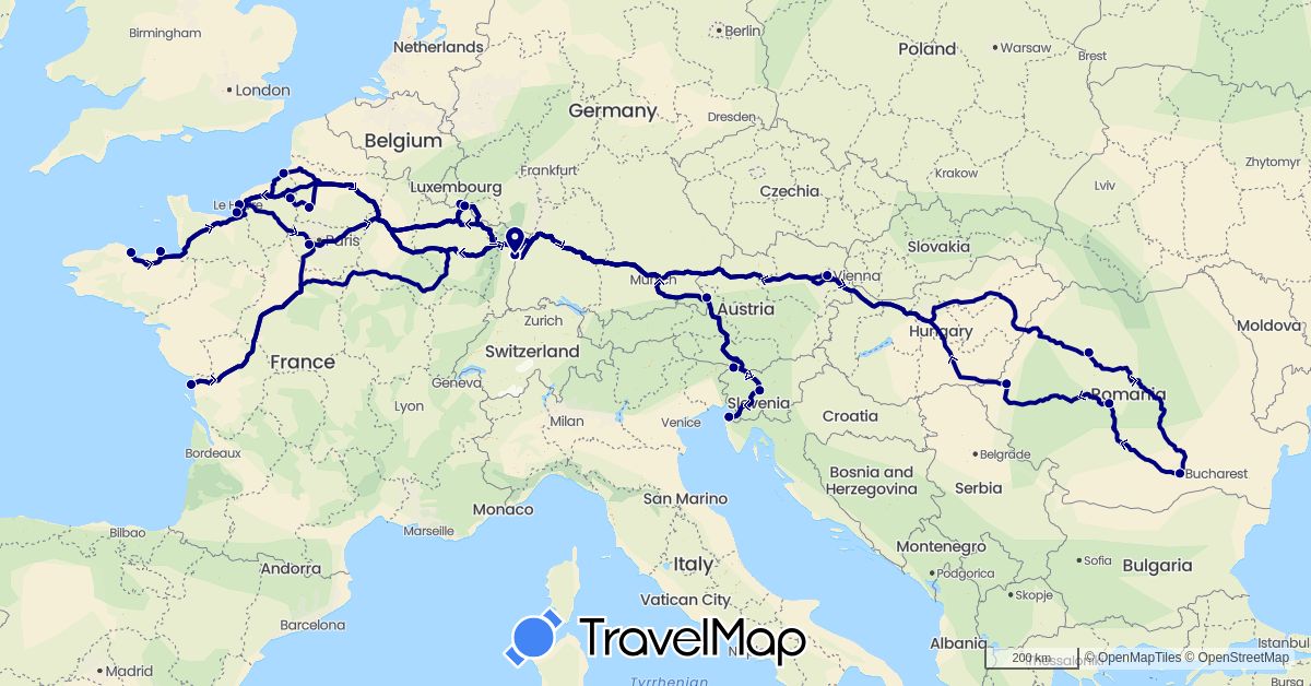 TravelMap itinerary: driving in Austria, France, Luxembourg, Romania, Slovenia (Europe)